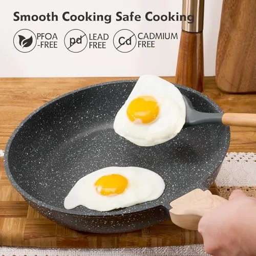 The granite skillet next to a plain nonstick pan for comparison