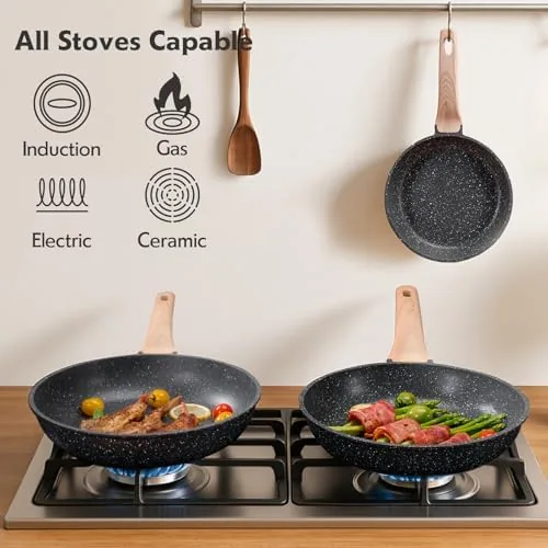 The granite skillet with a breakfast spread of eggs, toast, and coffee