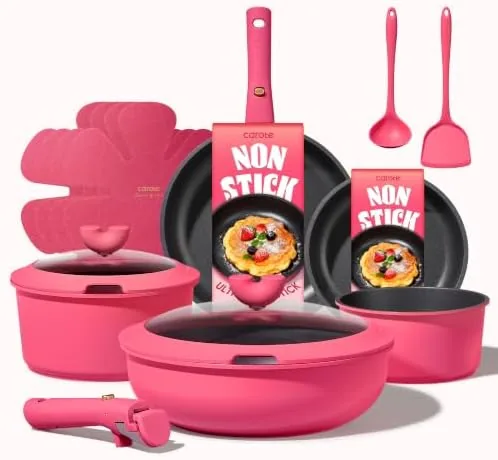 The full CAROTE 15-piece nonstick cookware set arranged on a kitchen counter