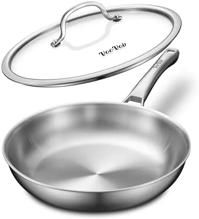 The 12-inch VocVoi stainless steel skillet with its lid on a kitchen counter