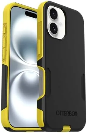 The OtterBox Commuter Series iPhone 16 case in Night black and yellow on a table