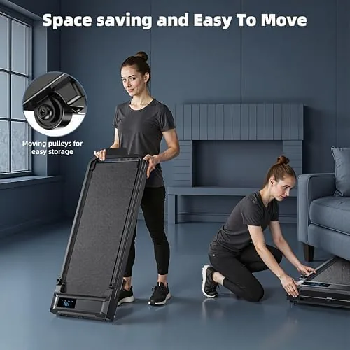 The folding walking pad next to an under desk pad and a full treadmill
