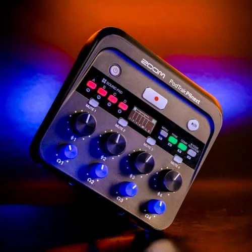 Another view of the Zoom PodTrak P4next Podcast Recorder with 4 Inputs + AI