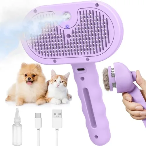 The purple steam grooming brush kit with comb attachment and fill bottle