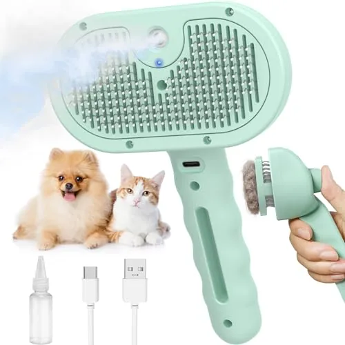 The grooming kit set up on a table with collected fur in a waste bin