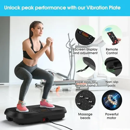 A person doing a resistance band row while standing on the vibration plate