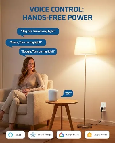 A lamp plugged into the DEWENWILS smart plug turning on in a living room