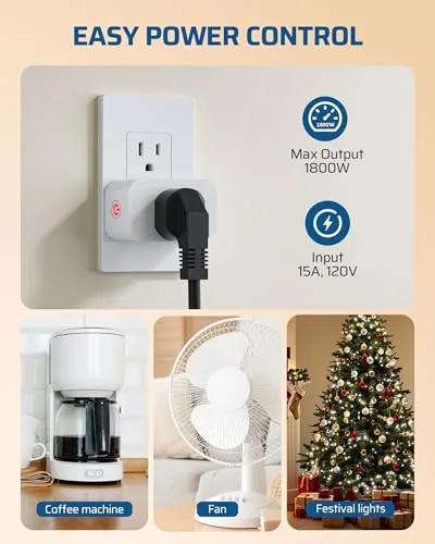 The smart plug connected to an outlet in a living room with the status LED lit