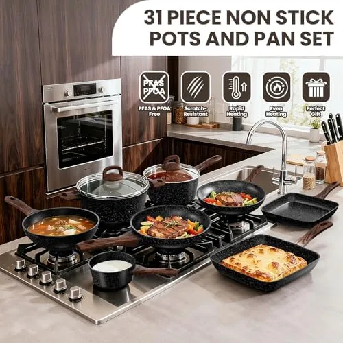 The cookware set on open shelving with the utensils organized alongside