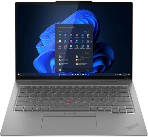 The laptop running heavy multitasking with many windows on the OLED screen