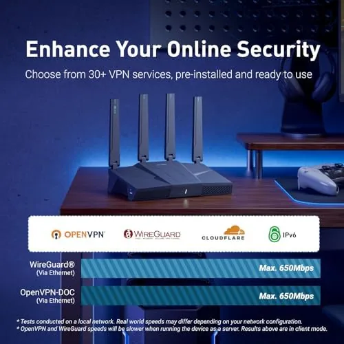 Detail shot of the GL.iNet GL-BE6500 Flint 3e Wi-Fi 7 Router with VPN for features