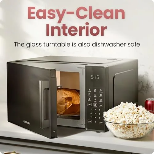 A family kitchen counter with the Chefman microwave and fresh popcorn beside it