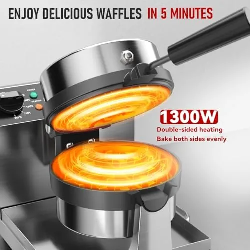 A stack of golden Belgian waffles beside the CROSSON machine in a kitchen