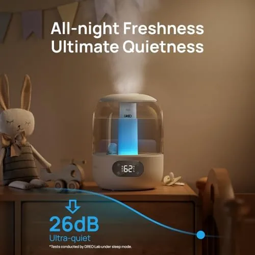 A close look at the mist nozzle of the DREO humidifier releasing cool mist