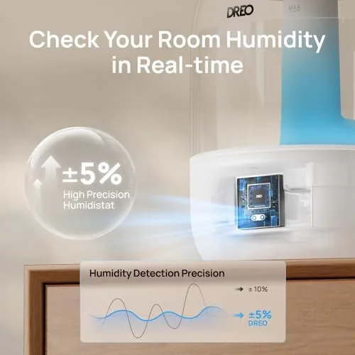 The DREO humidifier running at night beside a bed with a soft night light