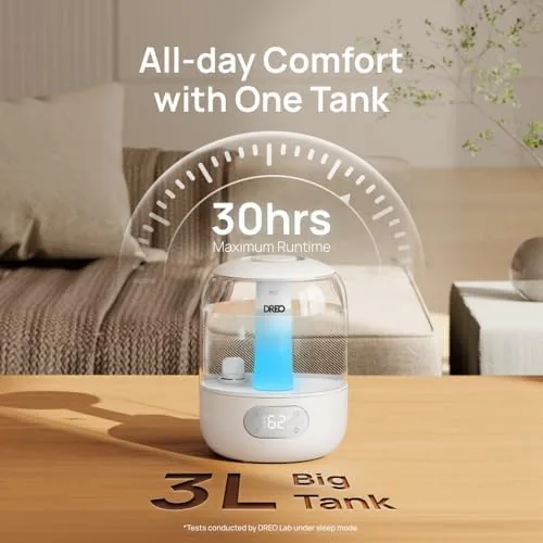 The DREO humidifier in a nursery corner with soft light and a crib