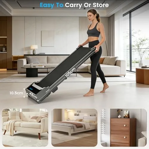The under desk pad beside a folding walking pad and a full sized treadmill