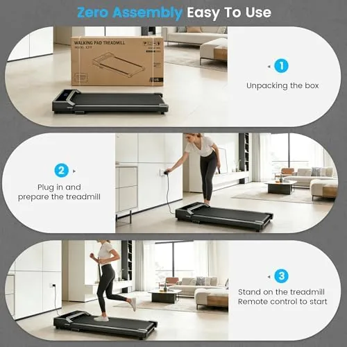 The walking pad in a tidy home office setup with the remote on the desk