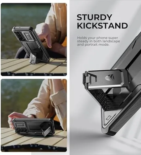 The case on the phone propped up on its built in kickstand