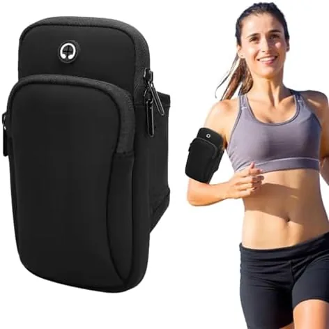 The black armband phone holder laid out showing the main pouch and pocket
