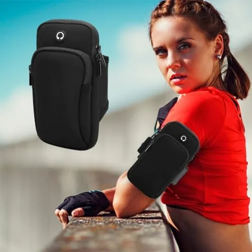 A phone visible through the clear touch window of the armband