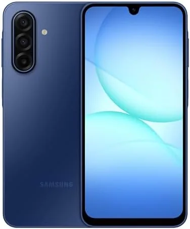 The Samsung Galaxy A17 5G in blue showing the AMOLED display
