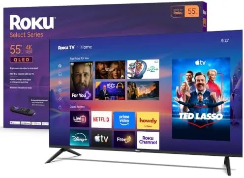 The Roku 55 inch Select Series QLED television mounted on a wall in a living room