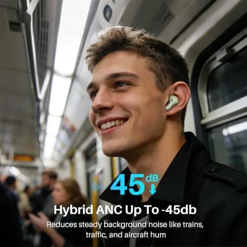Detail shot of the TOZO Hybrid Active Noise Cancelling in Ear Wireless Earbuds, 68H features