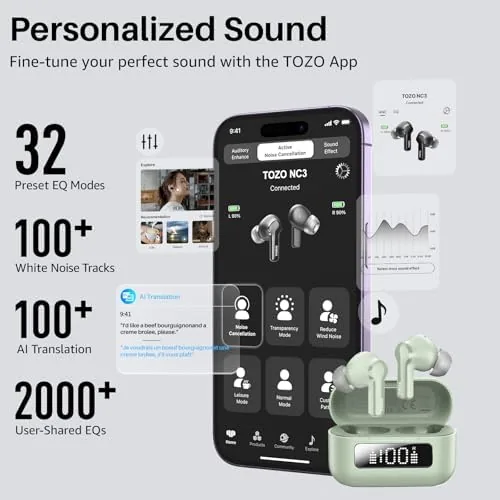 The TOZO Hybrid Active Noise Cancelling in Ear Wireless Earbuds, 68H compared in context