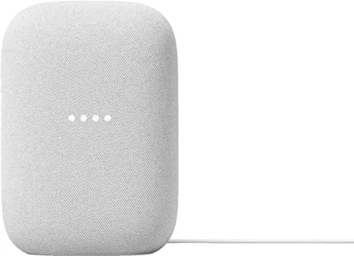 The Google Audio speaker in chalk finish on a shelf