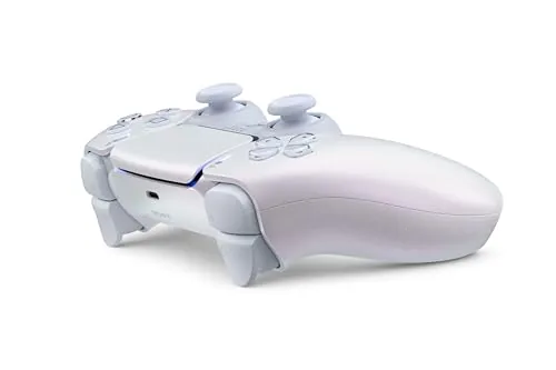 The Chroma Pearl DualSense held in one hand showing the grip texture
