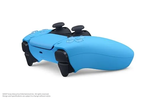 Starlight Blue DualSense being held during a platforming game