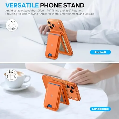 The SHIELDON Genuine Leather Magnetic Wallet Stand for MagSafe, Orange | in real use