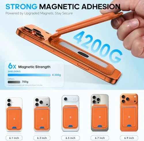 Another view of the SHIELDON Genuine Leather Magnetic Wallet Stand for MagSafe, Orange |