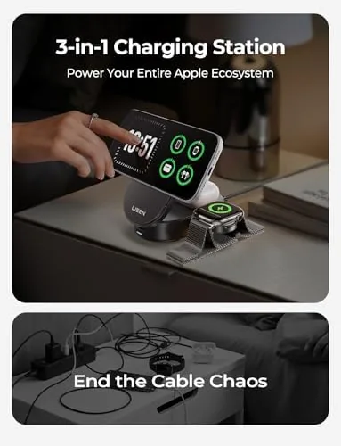 Detail shot of the LISEN [Ultra-Fast 25W] 3-in-1 Charging Station for Apple, Qi2.2 25W features