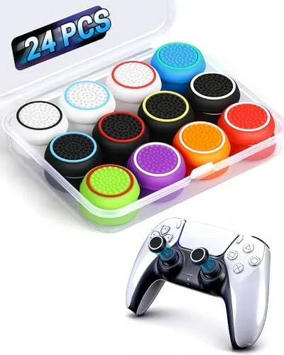 A rainbow assortment of silicone thumb grips laid out on a table