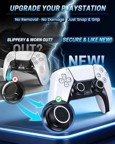 A player holding a controller fitted with rainbow thumb grips during a match