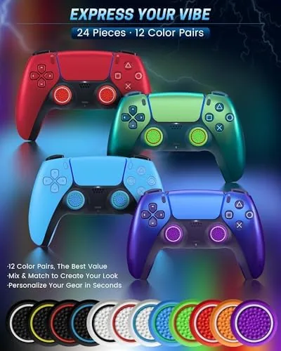 Multiple controllers each fitted with a different colored thumb grip
