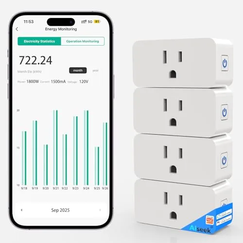 Four white smart plugs arranged on a table with the packaging