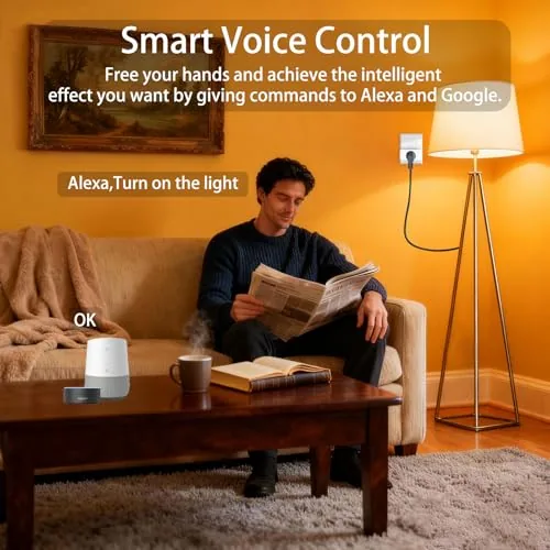 A smart plug installed on a wall with a lamp and heater plugged in