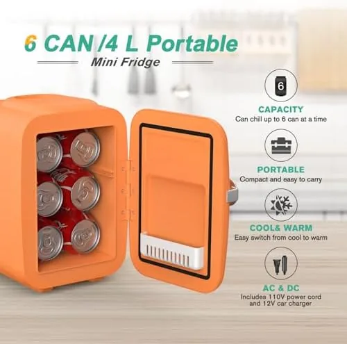 The fridge open showing six cans arranged inside with the removable shelf