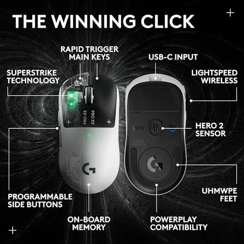 Another view of the Logitech G PRO X2 SUPERSTRIKE Wireless Gaming Mouse - Black/White