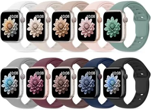 Ten silicone watch bands laid out in a row showing all the colors