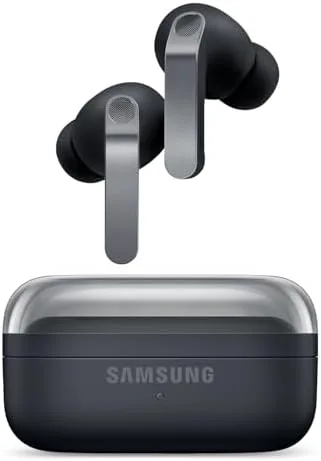 Samsung Galaxy Buds 4 Pro in black next to their open charging case