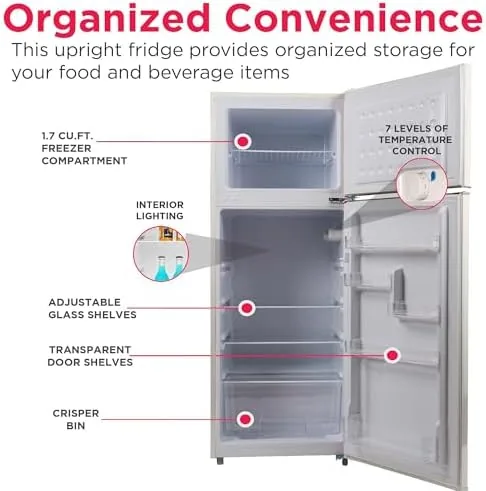 An instant read thermometer inside the refrigerator compartment showing the steady temperature