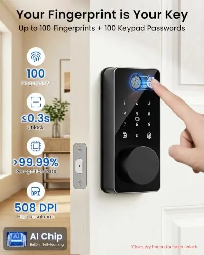 Detail shot of the Keyless Entry Door Lock, Fingerprint Smart Deadbolt Lock | App features