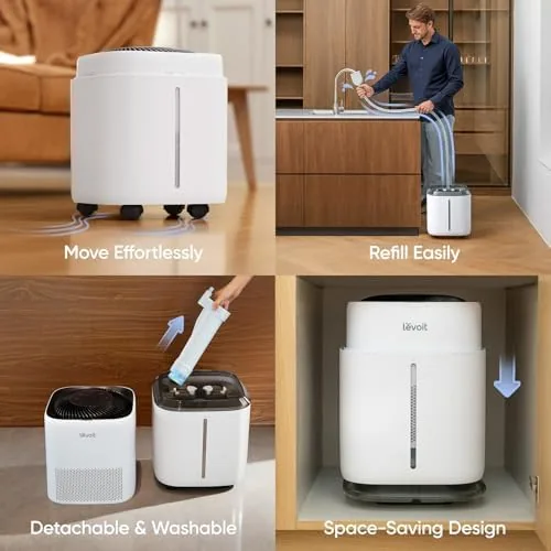 The humidifier running in the large open living area with a comfortable mist rising