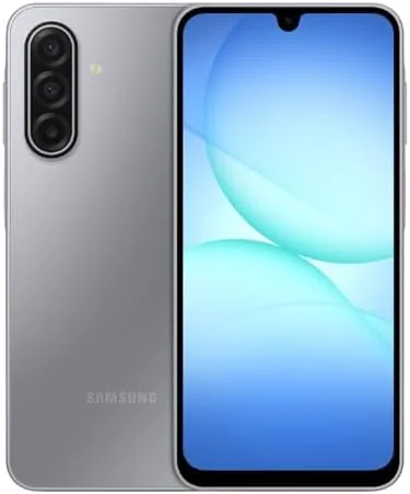 The Samsung Galaxy A17 5G in gray lying on a desk showing its front display
