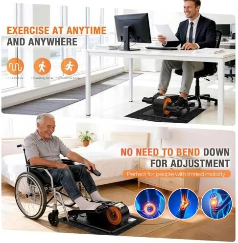 A senior relaxing in an armchair with the elliptical working at their feet