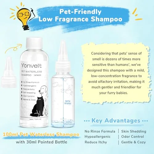 The 100ml waterless shampoo bottle being sprayed onto a cat coat